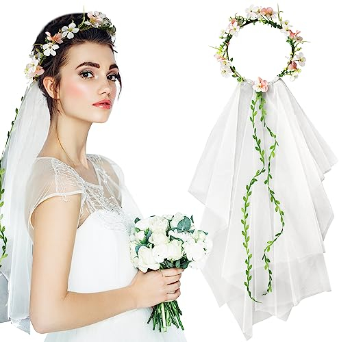 BOFUNX Velo Sposa Addio al Nubilato Corona di Fiori Sposa Coroncina da Sposa con Velo Corona Fascia di Fiori Ghirlanda Floreale Capelli Accessori per Sposa Nozze Matrimonio Festa Donna Ragazza