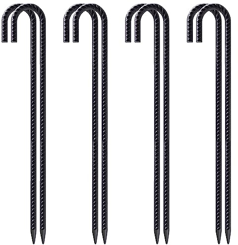 VVOKGO Rebar Stakes 24 Inch J Hook Heavy Duty Ground Anchors (8pcs), 3/8 Inch Diameter Metal Steel Extra Long Fence Stakes with Chisel Point End for Greenhouse, Gazebo, Carport, Camping Tents, Black