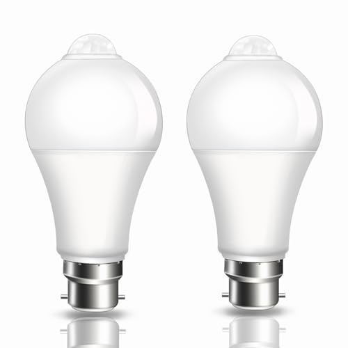 Caldarax PIR Motion Sensor LED Bulbs 9W, BC B22 Bayonet Light Bulbs Cool White 6500K, Equivalent 60W, Auto On/Off B22 Motion Sensor Light Bulb for Garage, Stairs, Hallway, 2 Pack