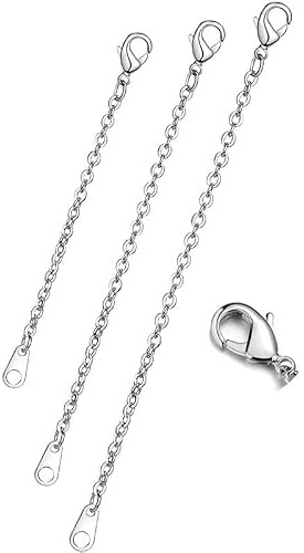 DOLPHERS Cadena de extensión de plata de ley 925, 3 unidades, extensor, gargantilla, pulsera, tobillera, extensor de cadenas para fabricación de joyas, Plata esterlina