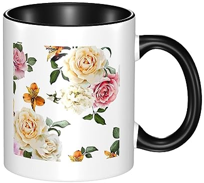 RFSHOP Tazza da caffè in ceramica, color crema, stile shabby chic, con rose, da viaggio, personalizzata, per tè, bevande, latte, per ufficio e casa