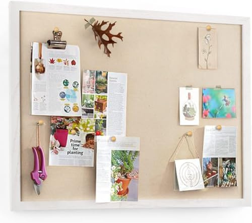 Emfogoo Cork Board with Linen 60x45cm Pin Notice Board for Home Bedroom Office Kitchen Wall Decor Hanging Wood Framed Vision Board Memo Bulletin Board with 20 Push Pins Pack of 1(Vintage White)