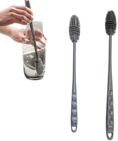 2 spazzole per bottiglie in silicone, manico lungo, in silicone, per bottiglie e bicchieri di vetro
