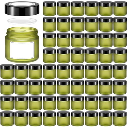 Layhit 60 Pcs 2 oz Glass Jars with Lids Bulk, Small Jars Containers Travel Storage Jar with Inner Liners Labels for Lotions, Cream, Lip Balm (Green,Black Lid)