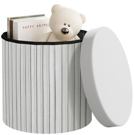 WOLTU Hocker rund, Sitzhocker mit Deckel, Sitzbox mit Stauraum, Polsterhocker faltbar, Aufbewahrungstruhe gepolstert, aus Velvet MDF, φ38xH36 cm, Hellgrau