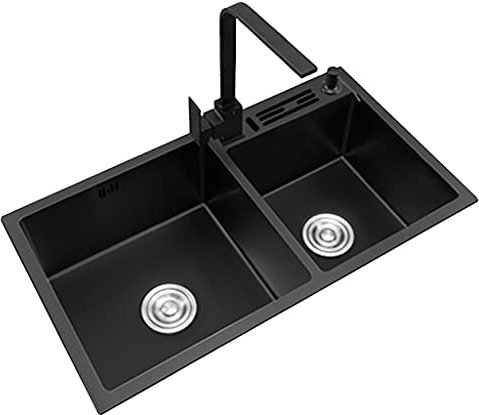 Spülbecken. Wasserhahn, quadratischer Wasserhahn, Nano-Spüle, Doppelwaschbecken, Waschspüle, Edelstahlspüle, großes Fassungsvermögen, Barspüle, Spüle mit Messerhalter (schwarz, 78 x 43 x 21 cm)