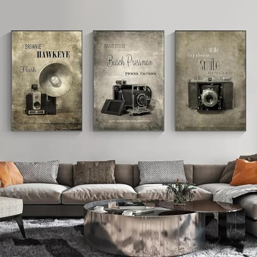 HIPWST Vintage-Gemälde Grammophon-Kamera Kunstdrucke an der Wand Retro-Leinwandbilder Home Room Dekoration Poster Rahmenlos 80x120cmx3 Rahmenlos