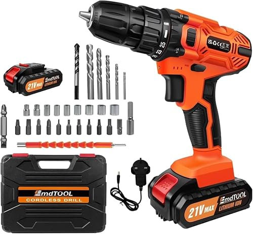 Cordless Drill and Screwdriver Kit - 2-Speed Combi, 1.5 Ah Li-Ion Battery, 25+1 Torque, 3/8 Keyless Chuck, Hammer Function, and Kitbox