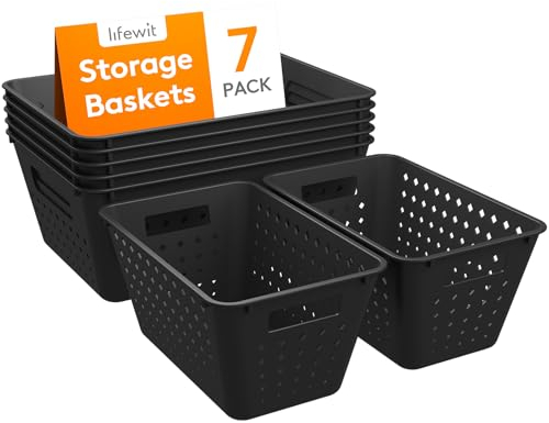 Lifewit 7er Set Kunststoff Aufbewahrungskorb, Stapelbare Aufbewahrungsbehälter zum Organisieren, Multi Size Offene Behälter für Regale/Küche/Badezimmer/Büro, 21L, 5 Large und 2 Small Size, Schwarz