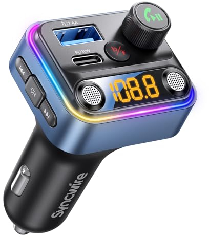 Syncwire Bluetooth 5.4 FM-Transmitter-Autoadapter 42W Ladegerät KFZ-Adapter [Lichtschalter] [Doppelmikrofon] [HiFi-Bass] [Schnellladung] Kabelloser FM-Radio-Musikadapter Freisprechfunktion, Blau