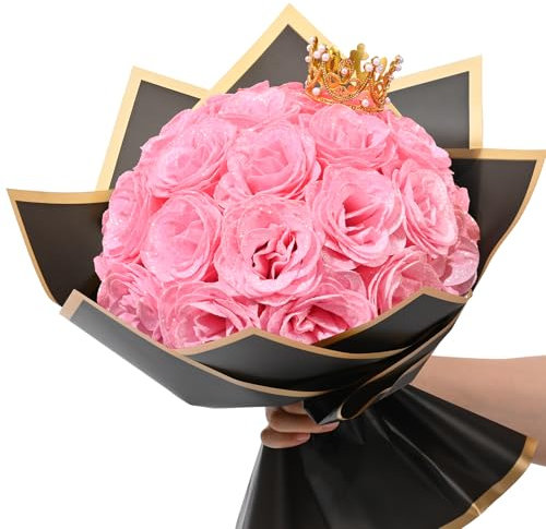 Waipfaru Rosa Glitzer Rosen Blumenstrauß, DIY Gefälschte Blumen Blumenstrauß, Immerwährender Glänzender Künstlicher Rosenstrauß für Valentinstag, Jahrestag, Verlobung, Hochzeit, 24 Rosen