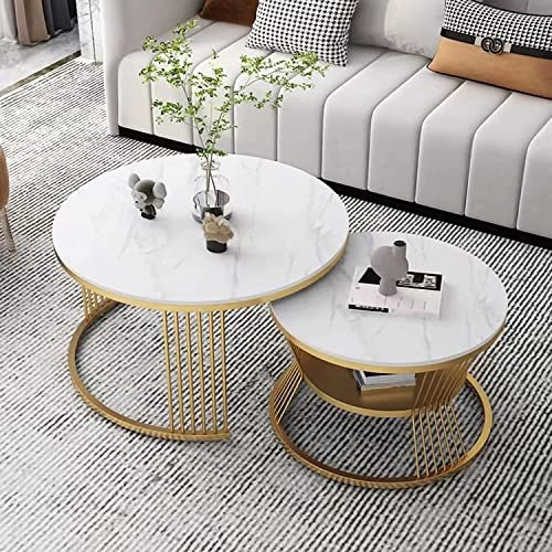 Moderner Couchtisch für das Wohnzimmer. Satztische für das Wohnzimmer, 2er-Set, stapelbare Couchtische aus Metall für das Wohnzimmer, modernes rundes Beistelltisch-Set mit Schieferplatte und