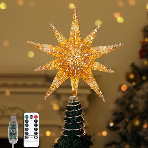 Lewondr Estrella para Árbol de Navidad, 13 Estrella Navideña de 10 Puntas Iluminada con Enchufe y Control Remoto para Decoración Navideña, Temporizador 6H y 8 Modos Iluminación, Luz Cálida, Oro