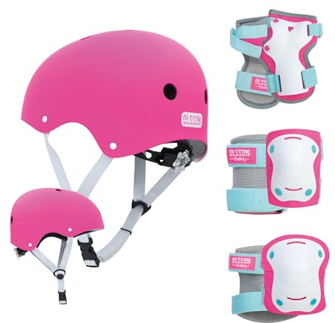 OLSSON Casco Infantil+ Kit de Protecciones - Carcasa Exterior ABS Interior EPS Forro Interior Desmontable y Lavable Tamaño Ajustable 11 Rejillas Ventilación - Patinete Bici Patines Skate (Rosa, S/M)