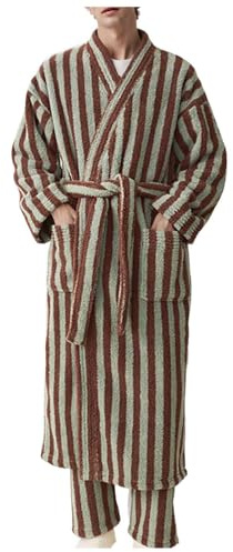 Augystre Bathrobe Men's Sauna Soft Winter Dressing Gown Striped Dressing Gown Lightweight Sauna Gown Elegant Pyjamas Sashes Long Loungewear Bath Poncho Towel Dresses Pyjamas, coffee, L
