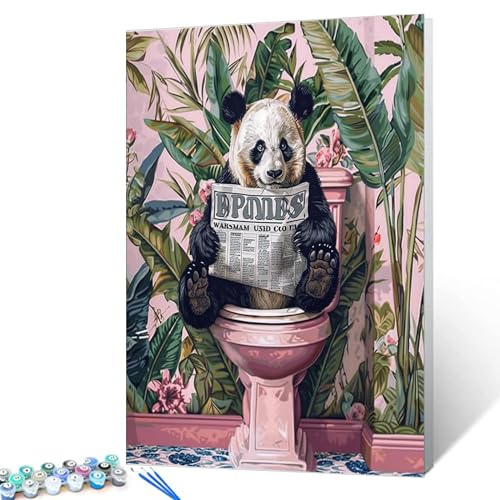 Tucocoo Måla efter nummer, motiv: rolig panda, 40 x 50 cm, duk, gör-det-själv-oljemålning för vuxna, med penslar och akrylpigment, roliga djur på toaletten, tropisk växt, bild