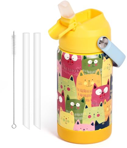 Pluseight Bottiglia d'acqua isolata per bambini, con coperchio in paglia, 350 ml, senza BPA, a doppia parete, in acciaio inox 18/8, a prova di perdite per bambini, tazze con paglia, per scuola,