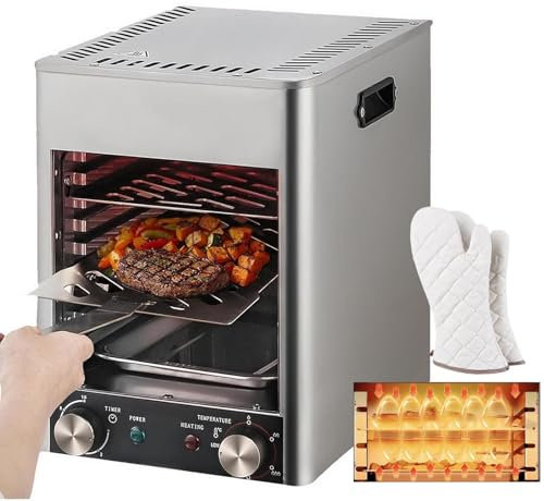 1700w Electric Steak Broiler,Electric Contact Grills+Gloves with 10-Layer Grill/Stepless Knob/Time&Temperature Adjustable/Maximum Temperature 800℃,for Commercial and Home,Grey