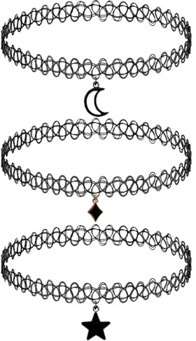 LANAFAY 3pcs Black Choker Necklaces, Stretchy Tattoo Choker Chain with Rhombic Stars and Moon, Gothic Lace Choker Necklace Pendant Jewelry Accessories for Women Teen Girls Party Dress Decorations