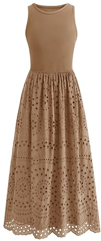 dowerme Women Summer Dresses 2026 Casual Sleeveless Crewneck A-Line Boho Lace Eyelet Cotton Tank Maxi Dress with Pockets(Khaki,Small)
