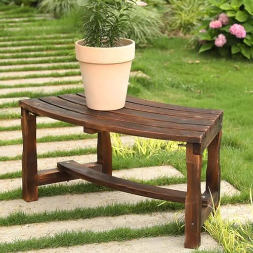 Gebogene Gartenbank, Terrassenbänke aus Holz, Loungesessel für den Außenbereich, umlaufende Baumbank, Sitzgelegenheiten mit natürlicher glatter Oberfläche und Feuerstelle