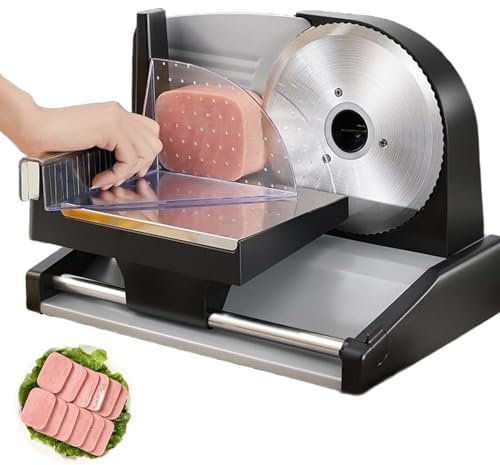 Cortadora de Carne y Alimentos eléctrica, cortadora de Pan eléctrica de 200 W, Grosor Ajustable de 1 a 15 mm, Hoja y Mesa extraíbles, cortadora de Acero Inoxidable para el hogar para Carne, Queso