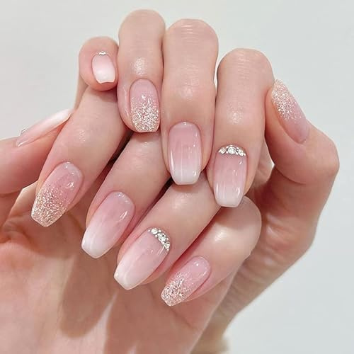 Virellay 24 Stück Gradient Ballerina mit Acryl Diamond Press on Nails Kurz, Rosa Weißem with Rhinestones Farbverlauf Künstliche Nägel Zum Aufkleben, Glitzer Kunstnägel Kurz, Mittel Ombre Fake Nägel