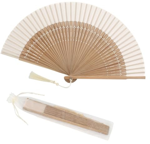 Handfächer, Faltbare Fächer Klein, Chinesischer Faltfächer mit Quaste, Weiß | Stofffacher mit Geschenktüte für Sommer, Hochzeit, Party, Tanzen, Foto-Requisiten, Wand Dekoration
