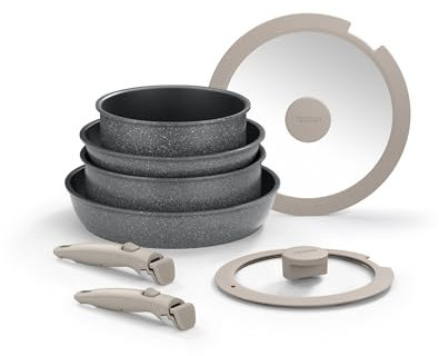 MONIX One Click Pietra | Batería 8 piezas, Aluminio Forjado con Antiadherente, libre de PFOA, Mango Desmontable, Apta para todo tipo de Cocinas, Incluida Inducción, Apilable para ahorro de Espacio