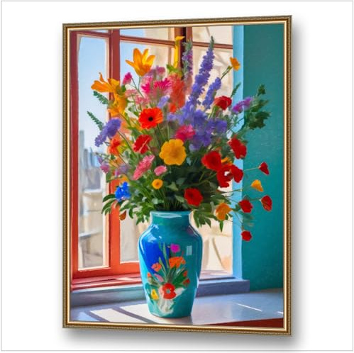 Blumenvase auf Fensterbank, üppiger Blumenstrauß in leuchtenden Farben - Fine Art Kunstdruck Ölbild auf Leinwand, aufgespannt auf Keilrahmen aus Holz (Motiv 1, 50x70 cm, Keilrahmen aus Holz)