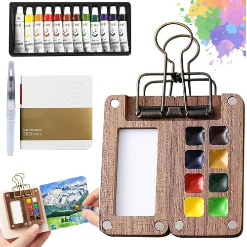 Mini Aquarell Set, Mini Aquarell Travel Set Reise Wasserfarbpalette, Wood Pocket Aquarellset 12 Farben Holz Mischpalette & Sketchbook, Portable Watercolor Palette für Künstler, Outdoor Skizze, Anfänge