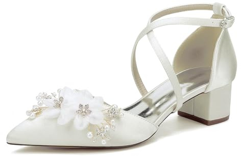 Women's Lace Wedding Shoes For Bride, Closed Toes Satin Chunky Low Heel Dress Sandals, Cross Strap Block Prom Evening Bridesmaid Court Shoes
