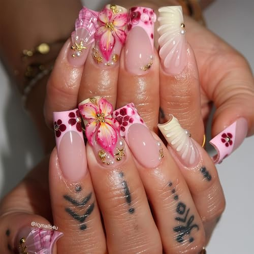 Shimmerz 24 Piece Long Coffin Shape False Nails Pink French Tip Fake Nails with Floral Stripe Design Spring Summer 3D Flowers for Ladies
