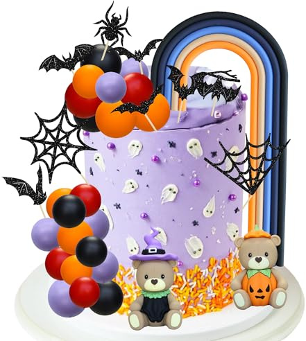 Gyufise 42Pcs Halloween Cake Decorations Set Pumpkin Witch Bear Cake Toppers Rainbow Ball Glitter Spider Net Bat Cupcake Picks for Halloween Theme Baby Shower Birthday Party Supplies Orange