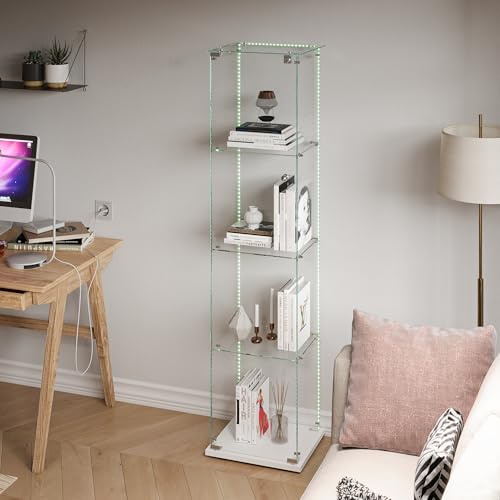 Wnvivi Stand-Vitrine aus Glas mit LED, 4 Schichten aus Glas, Holz, Vitrine mit 1 Tür und Schloss, Ausstellungsvitrine für Schlafzimmer, Wohnzimmer (Weiß A, 1 Tür)