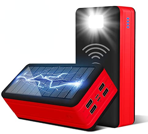 Power Bank Caricabatterie portatile, caricabatterie solare wireless da 50000 mAh con luce LED, batteria esterna per cellulari e regali, rosso