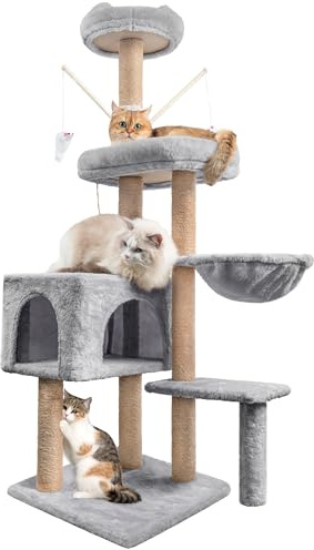 Kratzbaum, 145 cm Katzenbaum Kletterbaum, Aktivitätskratzbäum Kletterturm mit Sisalsäulen, Katzenspielzeug, Katzen Höhle, Plattformen, Liegemulde für Katzen Kätzchen, Grau