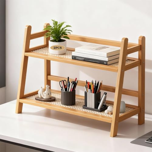 2er Set 2 Tiers Küchen Organizer Bambus Nachahmung Rattanweberei Deko, Gewürzregal Küchenregal Stehend Küche Aufbewahrung & Organisation Tee Organizer Tassenhalter Küchenschrank Organizer (40*18*29cm)