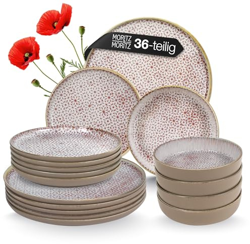 Moritz & Moritz ALHAMBRA Geschirrset 12 Personen 36-tlg. aus hochwertigem Porzellan - Modernes Tafelservice in Mousse - Pflegeleichtes Geschirr Set aus je 12x Speiseteller, Dessertteller und Schalen