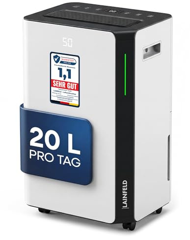 LAINFELD Deshumidificador de 20 l/día, bajo consumo de energía, manguera de desagüe para funcionamiento continuo, deshumidificador eléctrico