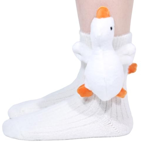 Himozoo 3D-stickade djurstrumpor, gåvor till mamma, fru och dotter, nyhet rolig golvstrumpa till jul, varm och mjuk sengångare kanin djur kramstrumpor kvinnor flicka, Vit svan, one size