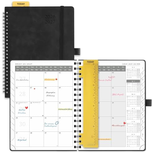 POPRUN Agenda Månadskalender 2026 2027, Juli'26 - Dec'27, 18 Månader 22 x 16,5 cm, 2 Sidor per Månad, Skolkalender, Mjuk Spiralbindning, Linjal, Papper 100 gsm,Svart