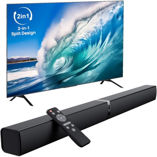 HoYLluDLL Soundbar for TV，80W 2-in-1 Detachable Sound Bar with 3 EQ Modes& Auto Volume Boost, Bluetooth 5.3/ARC/Optical/AUX, Home Theater Audio System for TV/PC/Laptop/Game Console, Black,1 Pcs