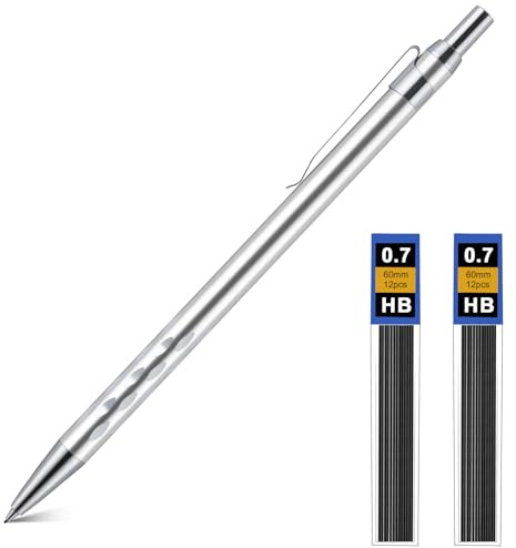 AOOSU Mekaniska pennor set, 0,7 mm metallpennor, konst blyertspennor med 2 rör HB minkonst med stift för konstnär studenter barn ritning skriva skisser (silver)