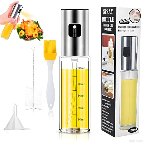 HSYTEK Spruzzatore di olio rinforzato 2 in 1, bottiglia di vetro per olio d'oliva e aceto, ideale per airfryer, barbecue e cucina – economico, senza BPA, 100 ml