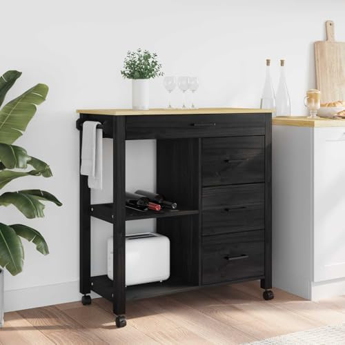 Genérico Carro de Cocina Negro 88,5 x 40 x 84 cm Madera de Pino Macizo,Mobiliario,Muebles de jardín,Asientos de Exterior,Sofás de Exterior,42027043