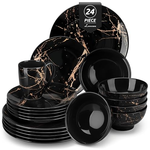 LOVECASA Daphne Porzellan Geschirrset 24-teilig für 6 Personen, Schwarz mit Gold Marmor Design, Tafelservice Set mit Essteller, Dessertteller, Schüssel und Tassen