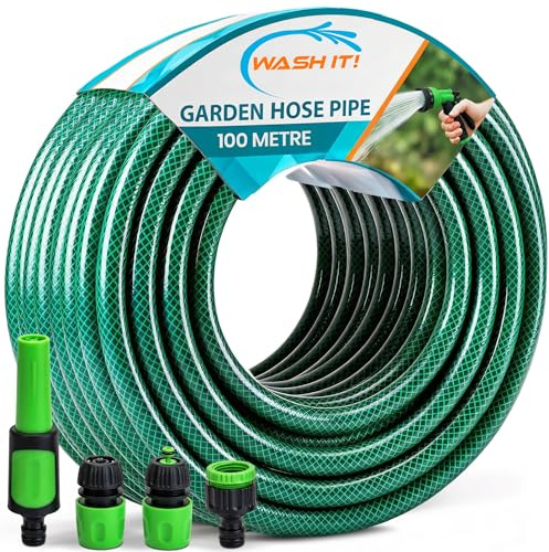 5pc Garden Hose Pipe with Connectors and Adjustable Spray Nozzle Fitting - Reinforced Weatherproof Garden Hosepipe with Hose Nozzle and Hosepipe Connectors for Car Washing and Plant Watering (100m)