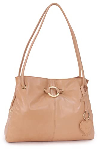 Gigi - Ladies Leather Shoulder Bag - Medium Tote Handbag With Multiple Compartments - With Heart Keyring Charm - Othello 4323 - Antique Honey