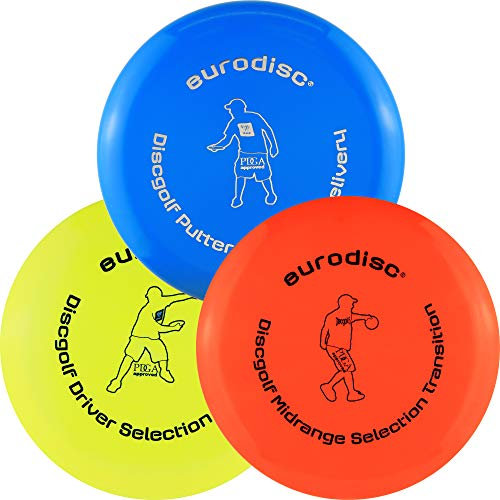 Eurodisc Disc Golf Frisbee Einsteiger Starter Set besonders hochwertig haltbar Selection Putter Midrange Driver (BlauOrangeGelb)
